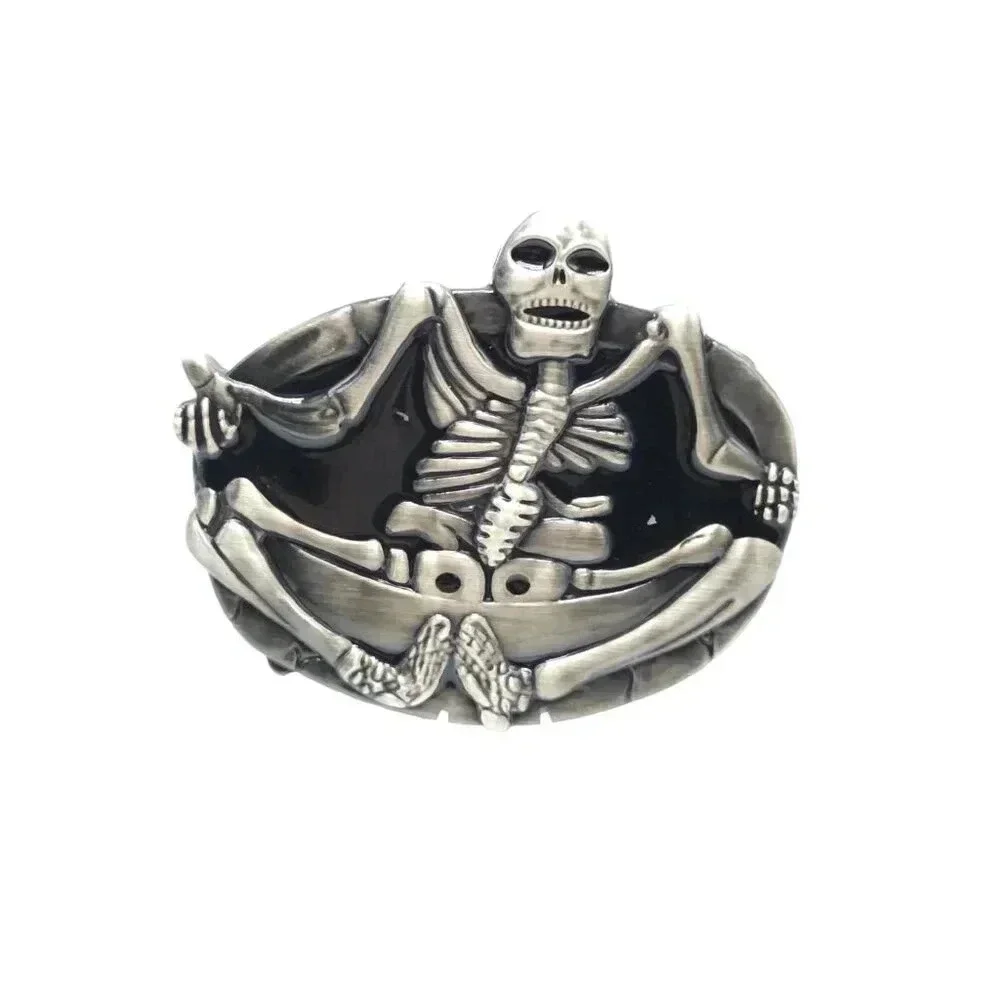Brushed Nickel Yoga Pose Skeleton Belt Buckle Silver Tone Vintage